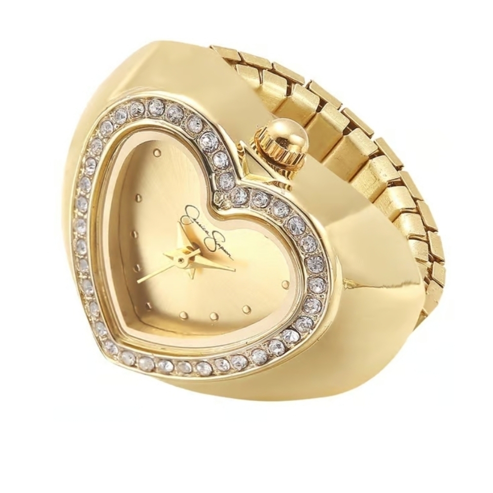 💛▪️Jessica Simpson ▪️Gold Tone Stainless Steel Stretch Fit Heart Ring Watch